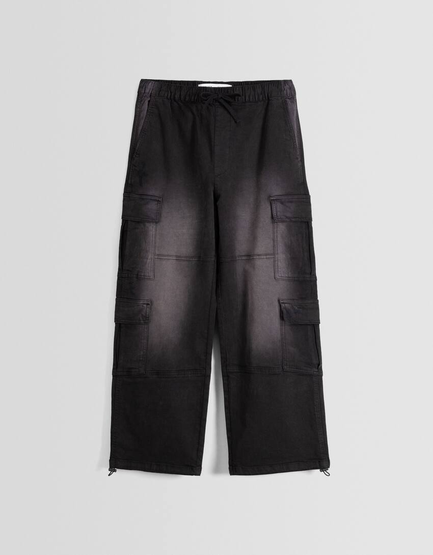Multi-cargo faded-effect baggy trousers-Black-5