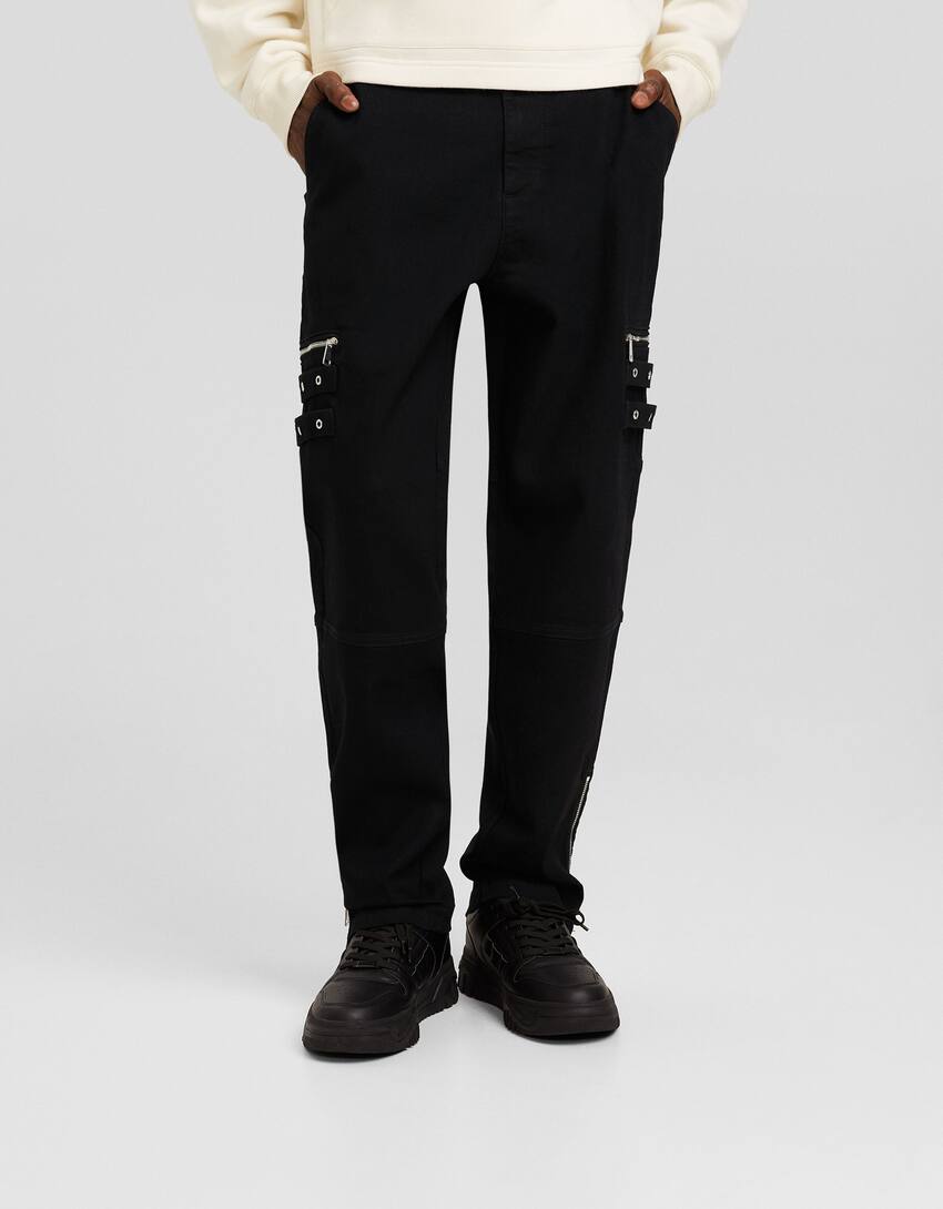 Straight-leg trousers with zips-Black-1