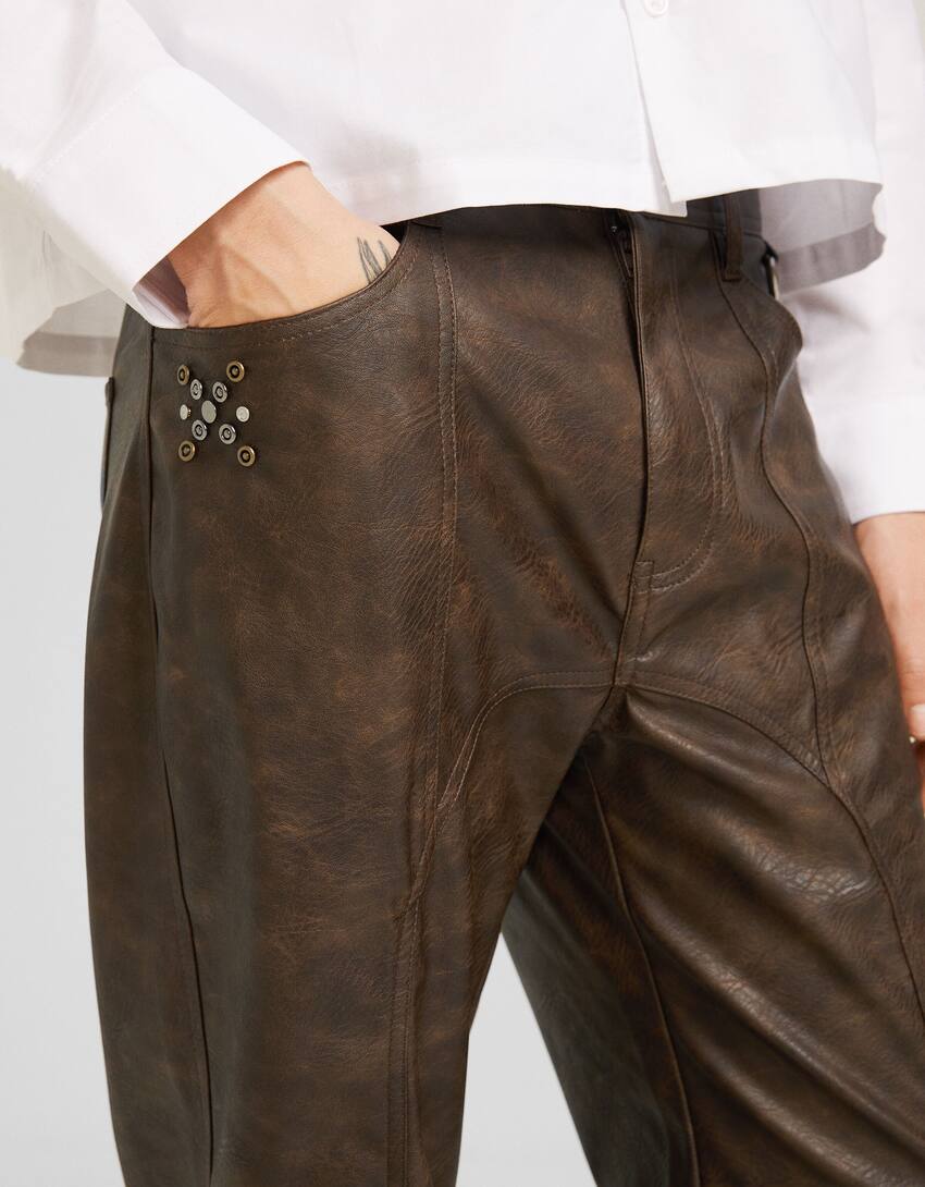 Wide-leg leather effect trousers-Brown-3
