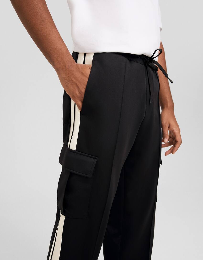Wide-leg trousers with side stripes-Black-3