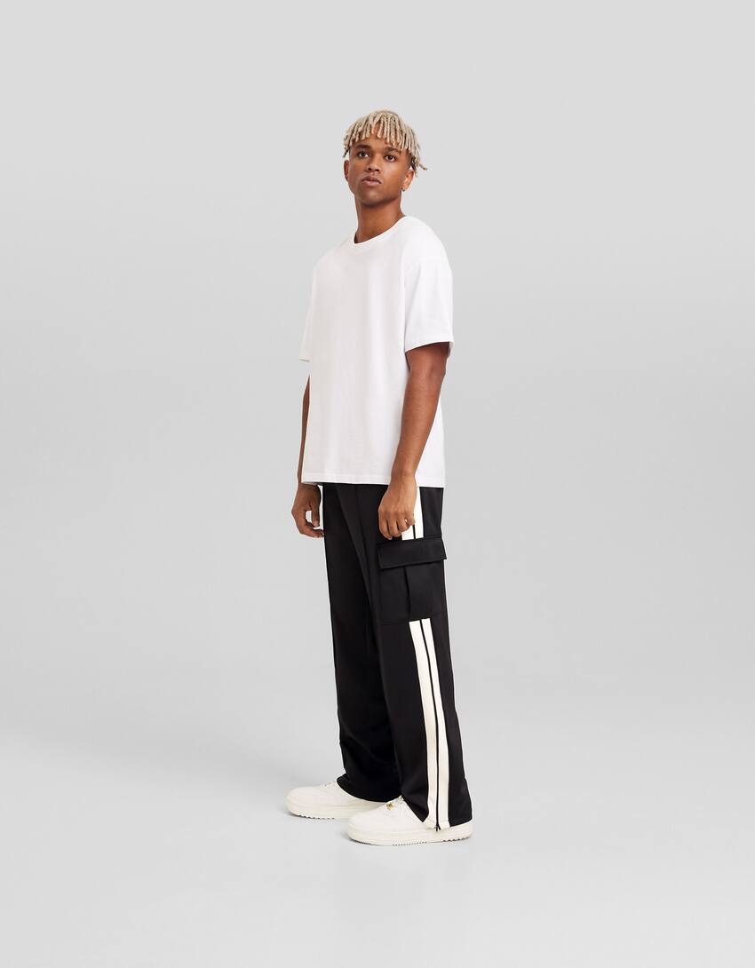 Wide-leg trousers with side stripes-Black-0