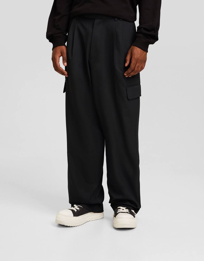 Baggy tailored cargo trousers-Black-1