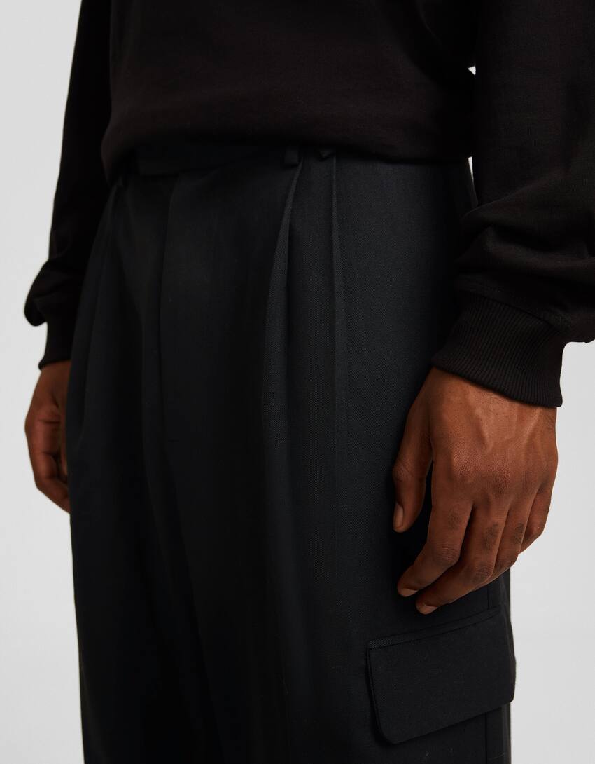 Baggy tailored cargo trousers-Black-3