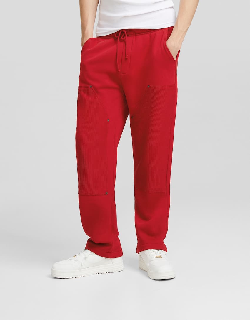 Wide-leg corduroy trousers with detail-Red-1