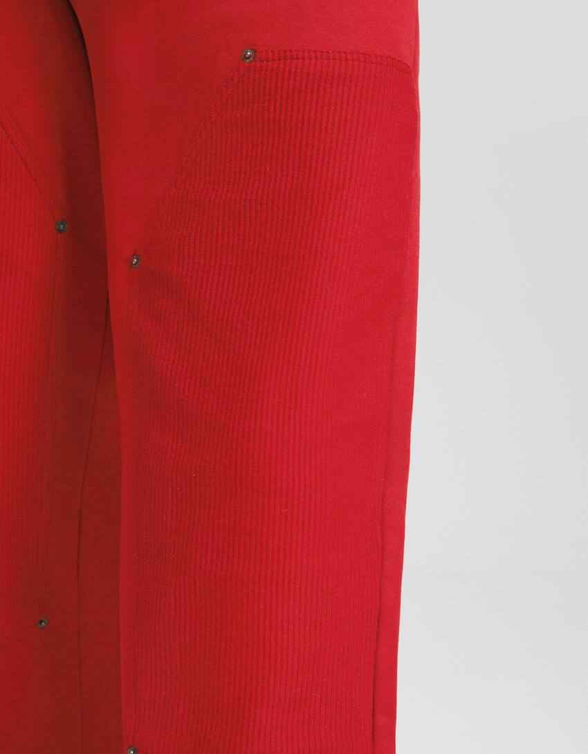 Wide-leg corduroy trousers with detail-Red-3