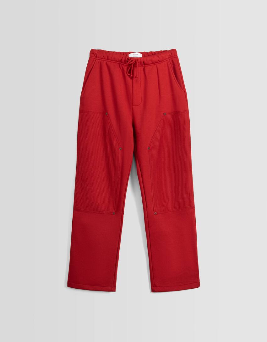 Wide-leg corduroy trousers with detail-Red-4