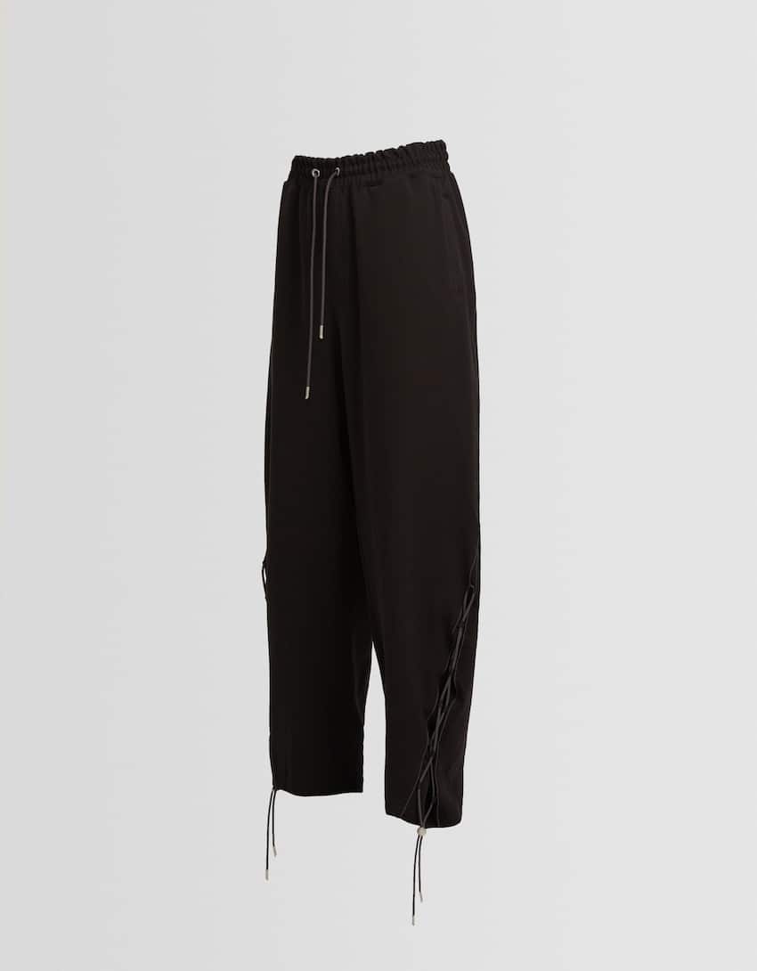 Generation Bershka wide-leg plush drawstring trousers-Black-0