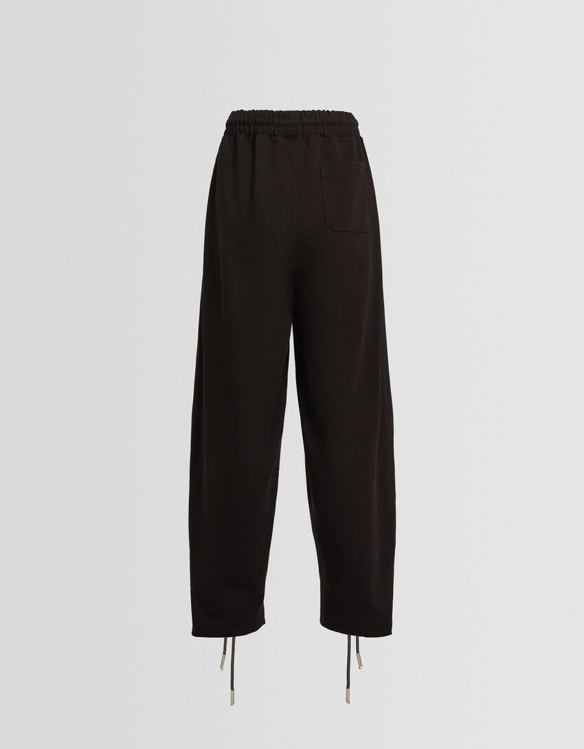 Generation Bershka wide-leg plush drawstring trousers-Black-1