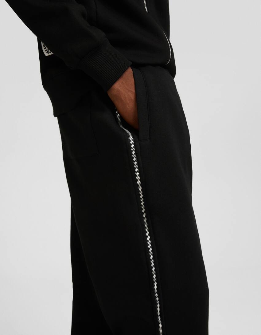 Wide-leg plush trousers with zips-Black-3