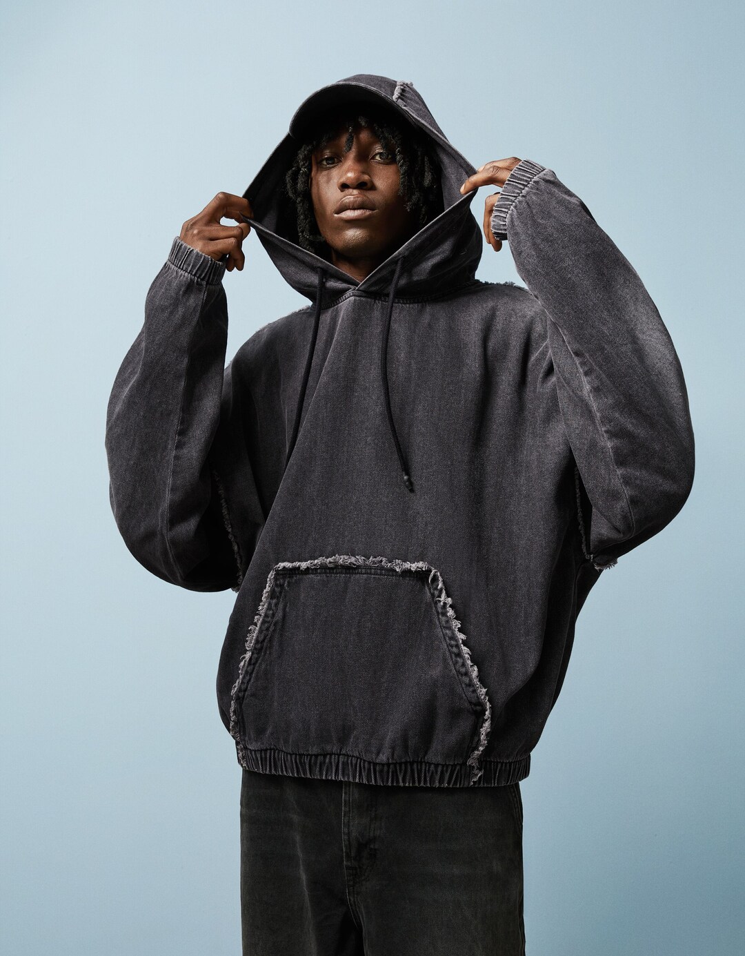 Sudadera capucha denim boxy fit efecto lavado
