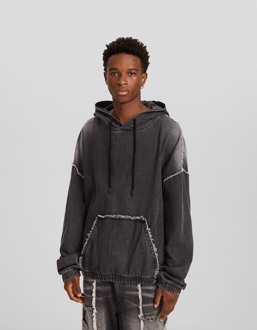 Faded-effect boxy fit denim hoodie-Black-0