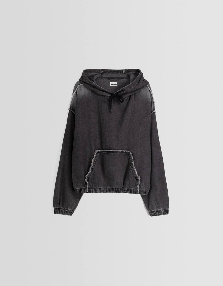 Faded-effect boxy fit denim hoodie-Black-4