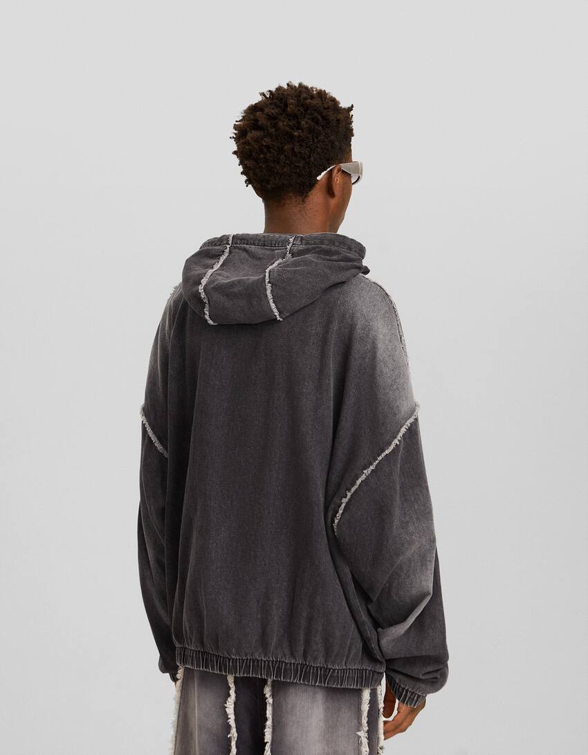 Faded-effect boxy fit denim hoodie-Black-1