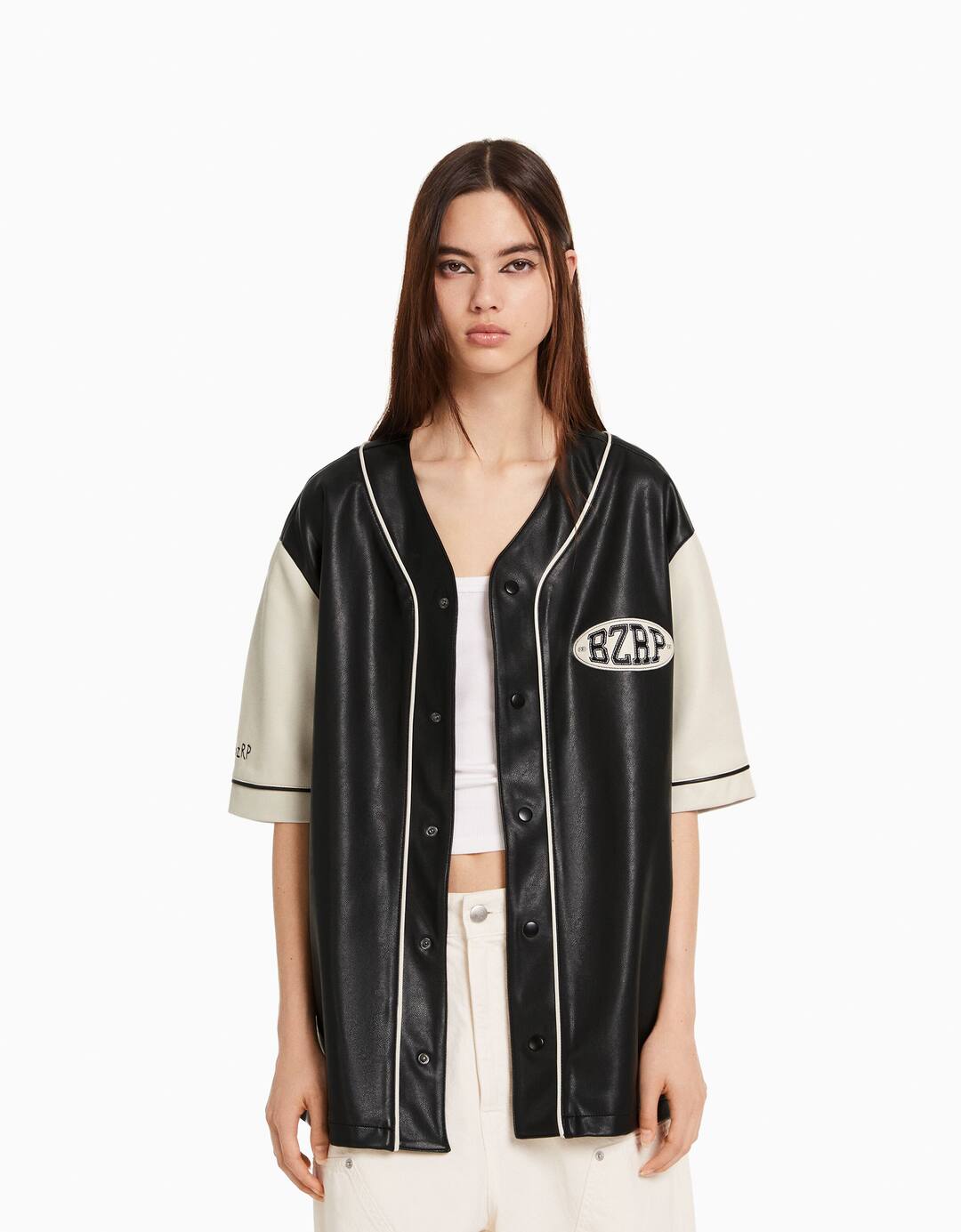 Short sleeve BERSHKA ft. BIZARRAP faux leather shirt