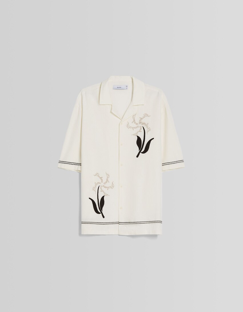 Camisa manga corta rústica bordado flor-Blanco roto-4