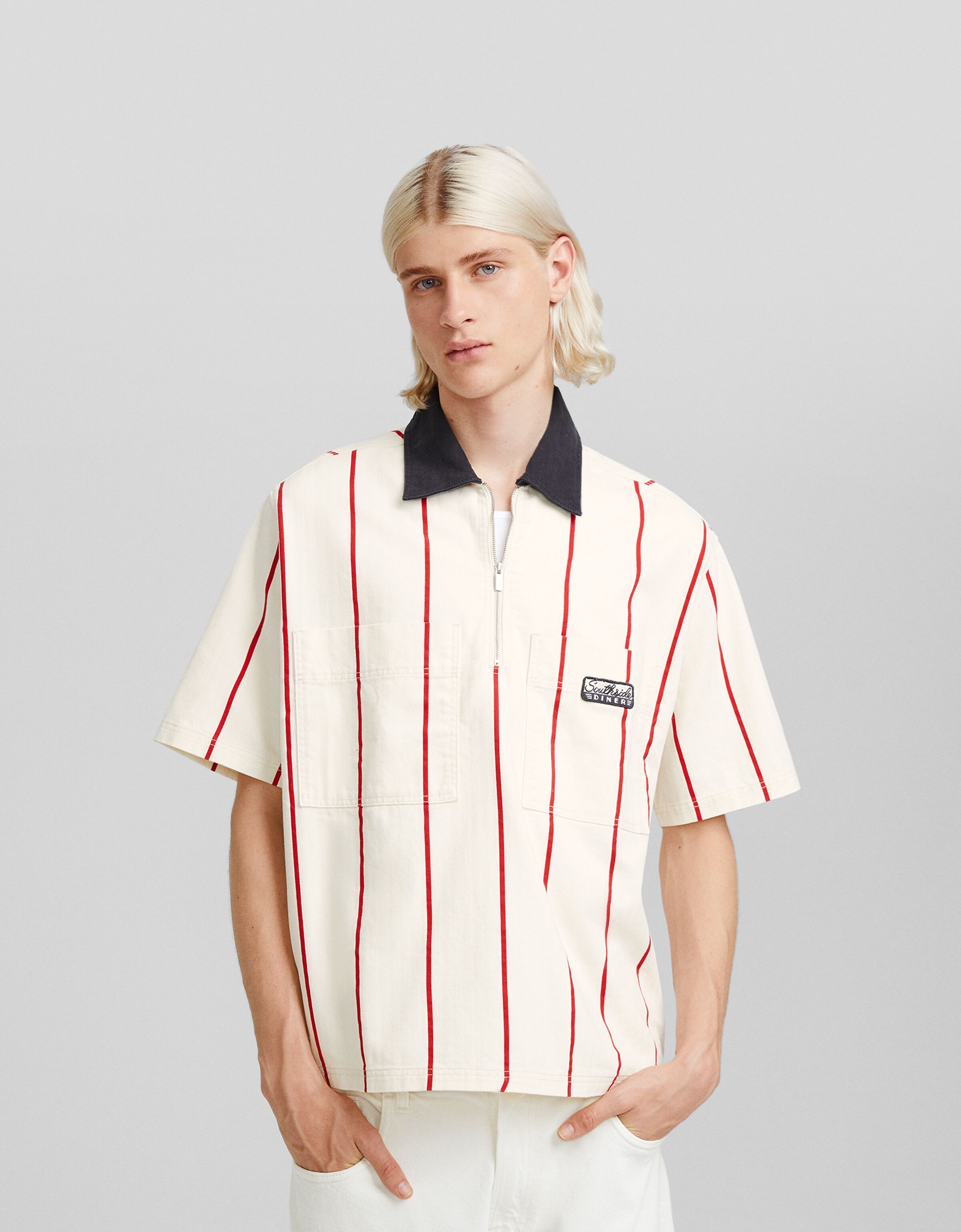 Camicia a maniche corte cotone cerniera Uomo Bershka