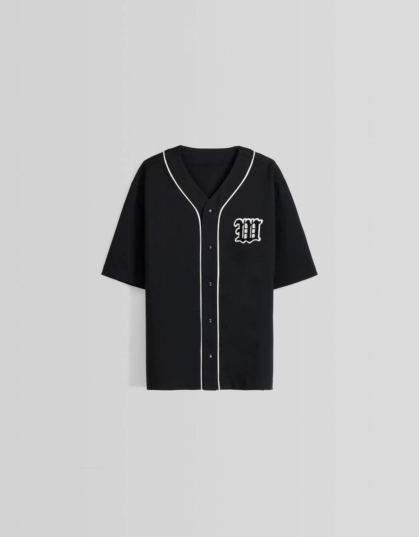 قميص بيسبول مطرز بأكمام قصيرة-أسود-4