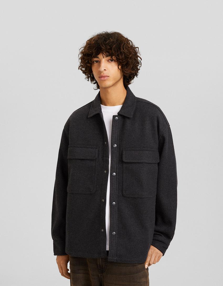 جاكيت قميصي بأكمام طويلة وتأثير فلانلة-رمادي داكن-0