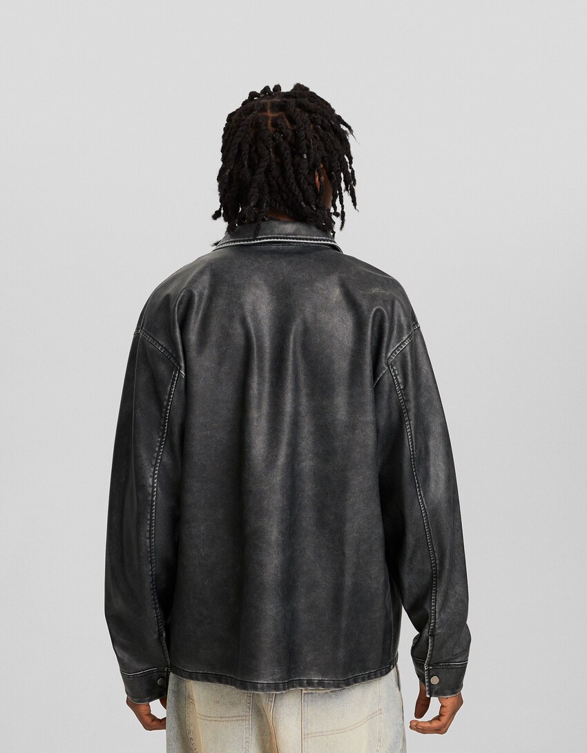 Distressed faux leather long sleeve shirt - Men | Bershka