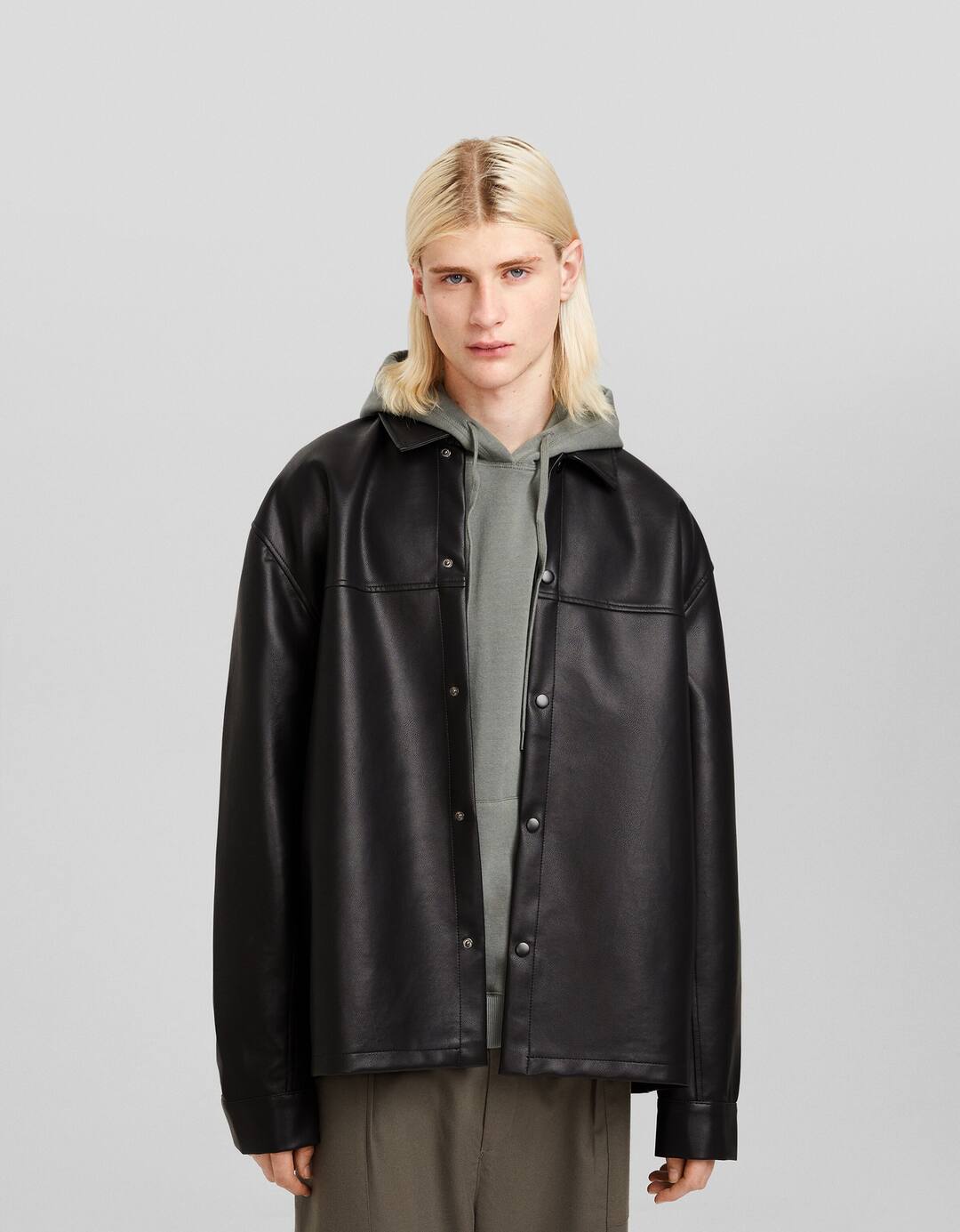 Leather effect boxy fit long sleeve shirt