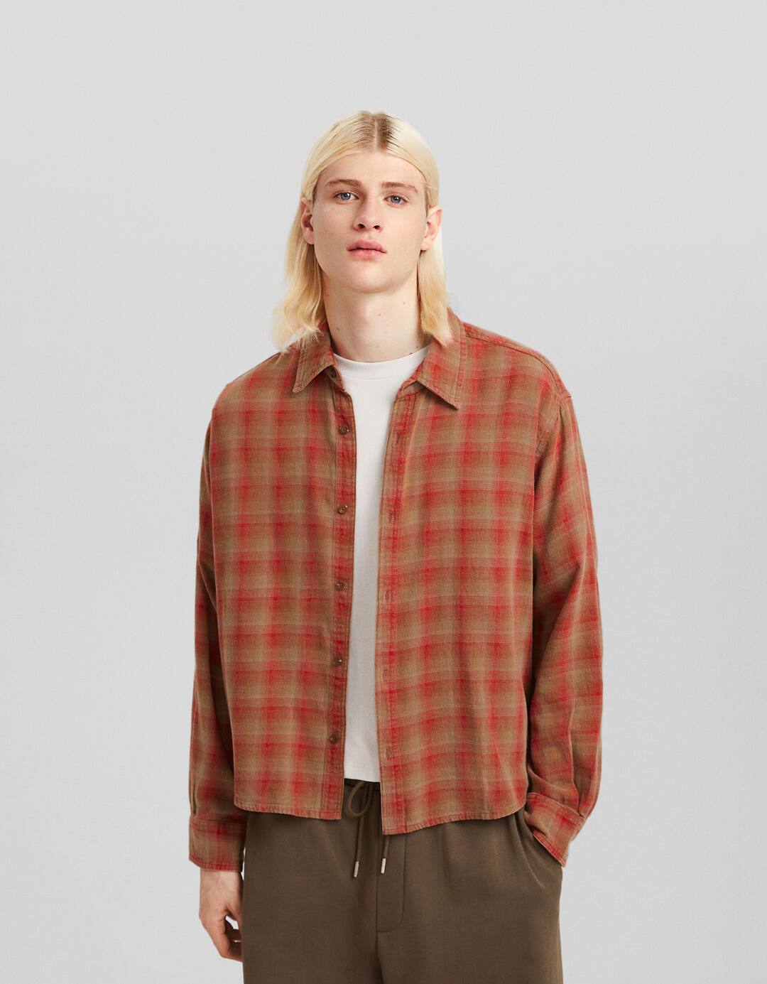 Faded-effect long sleeve check shirt