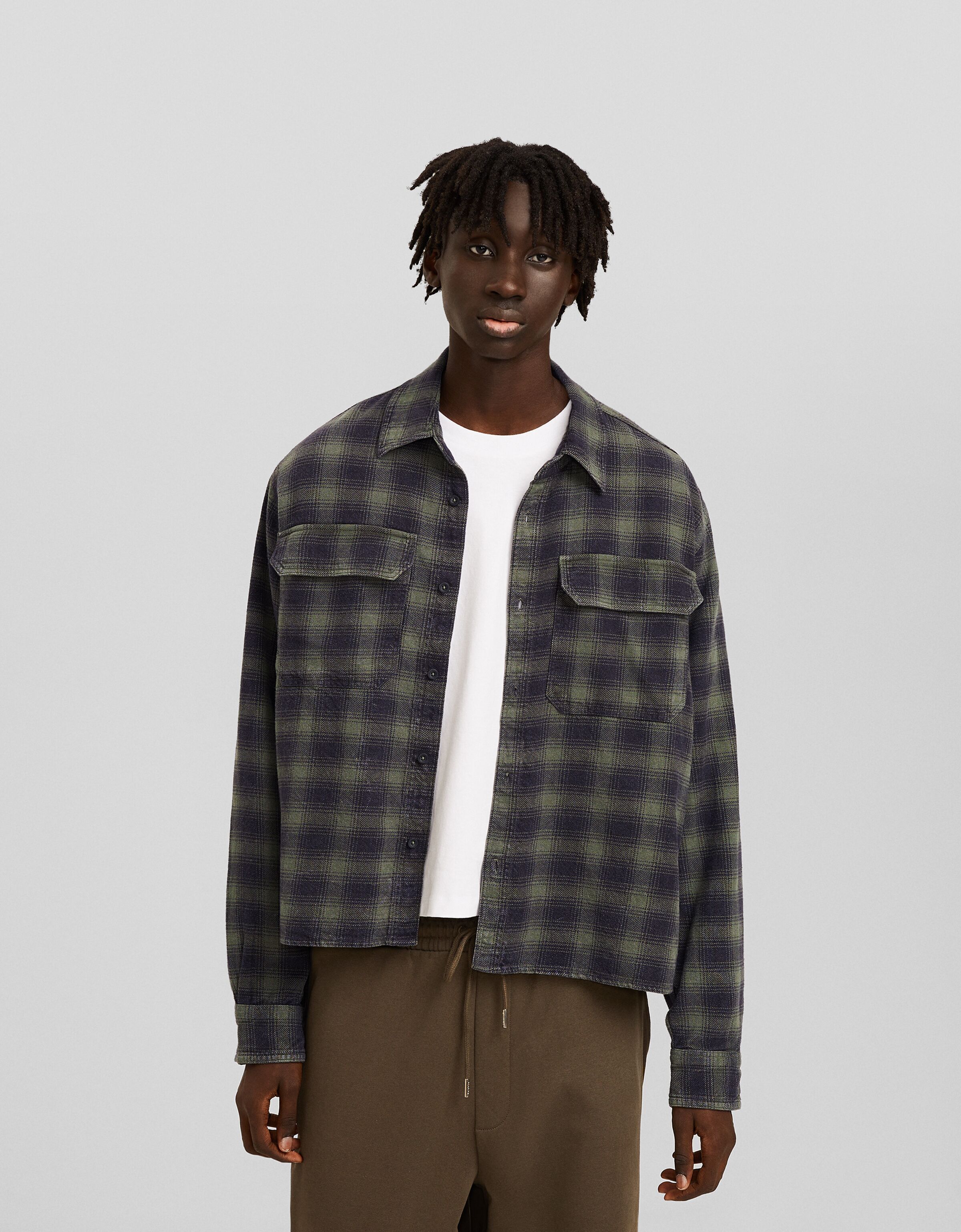Camisa manga larga cuadros bolsillos efecto lavado New Hombre