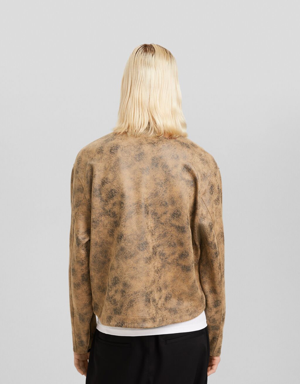 Long sleeve distressed faux leather overshirt Men Bershka