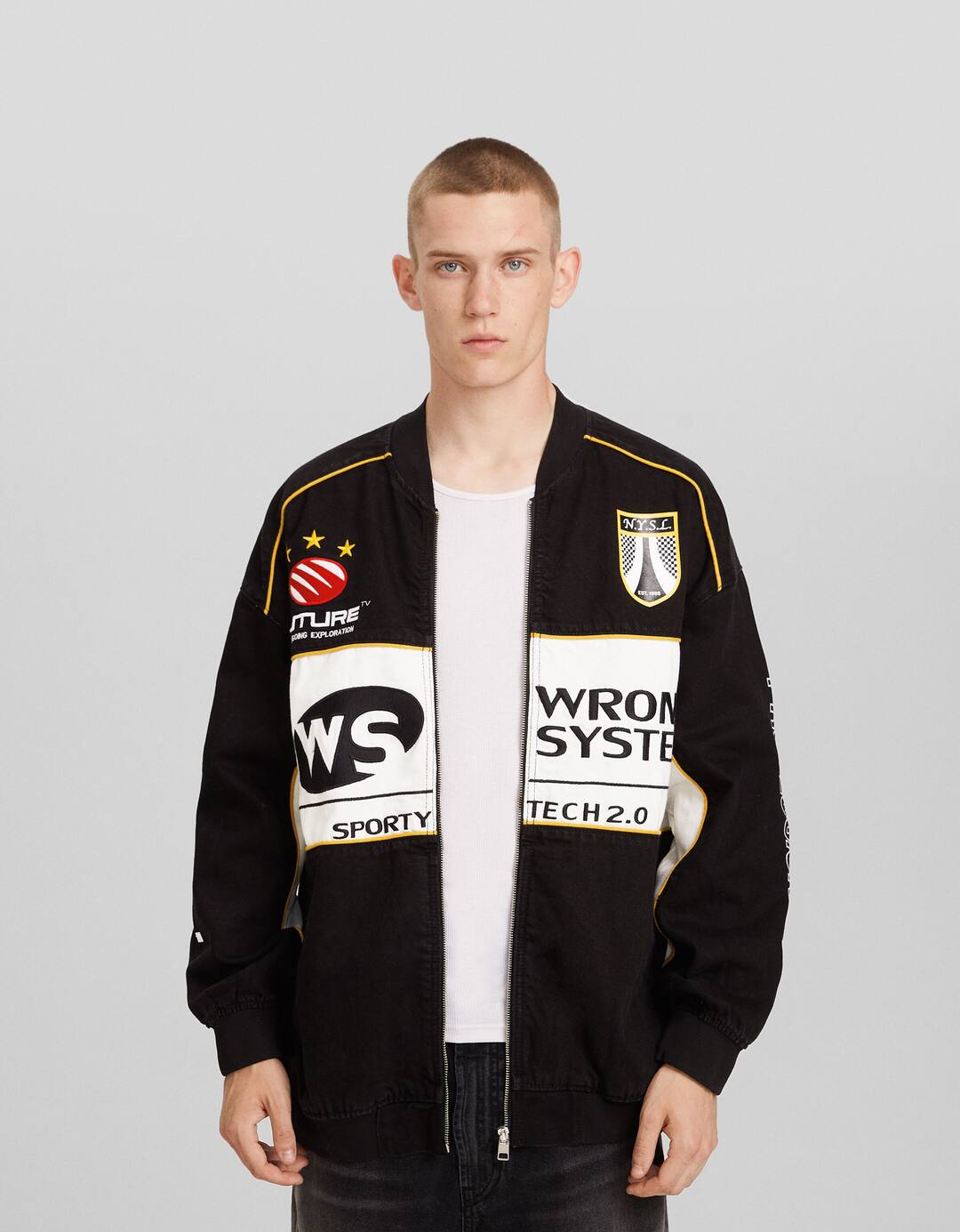Denim racing bomber jacket