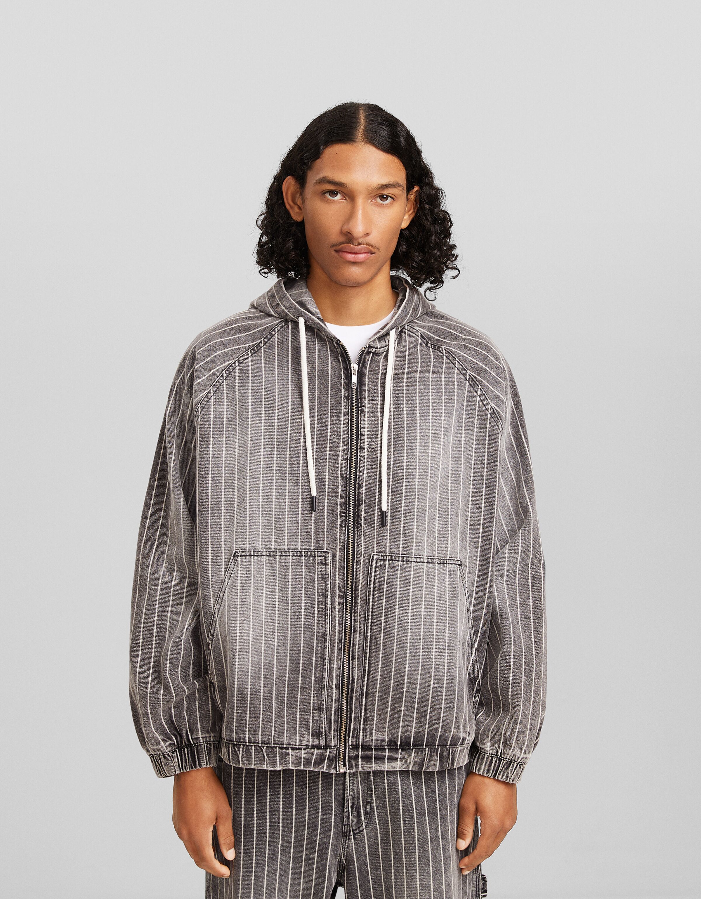 Striped hoodie denim jacket - Jackets and coats - Men | Bershka