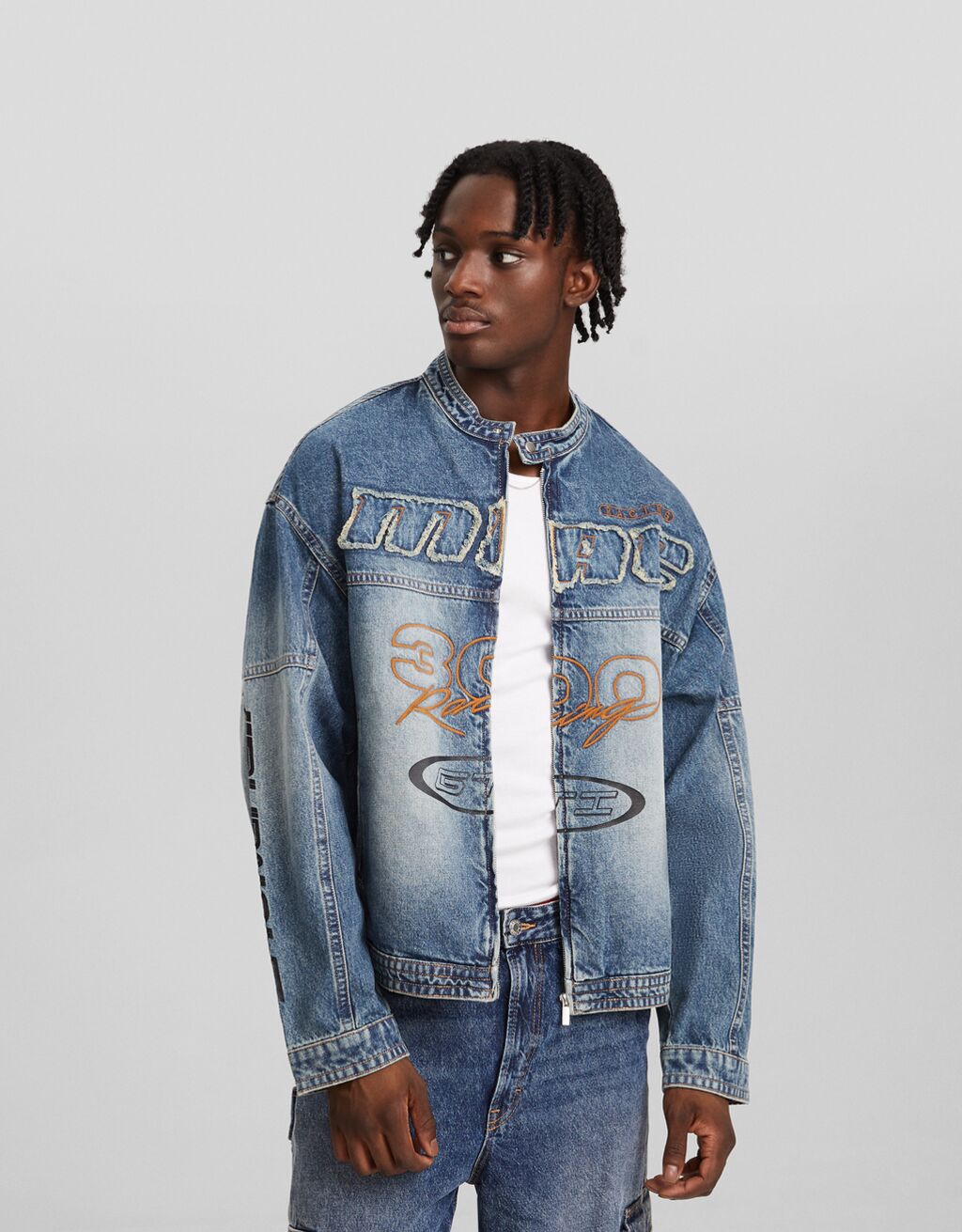 Denim racer jacket sale