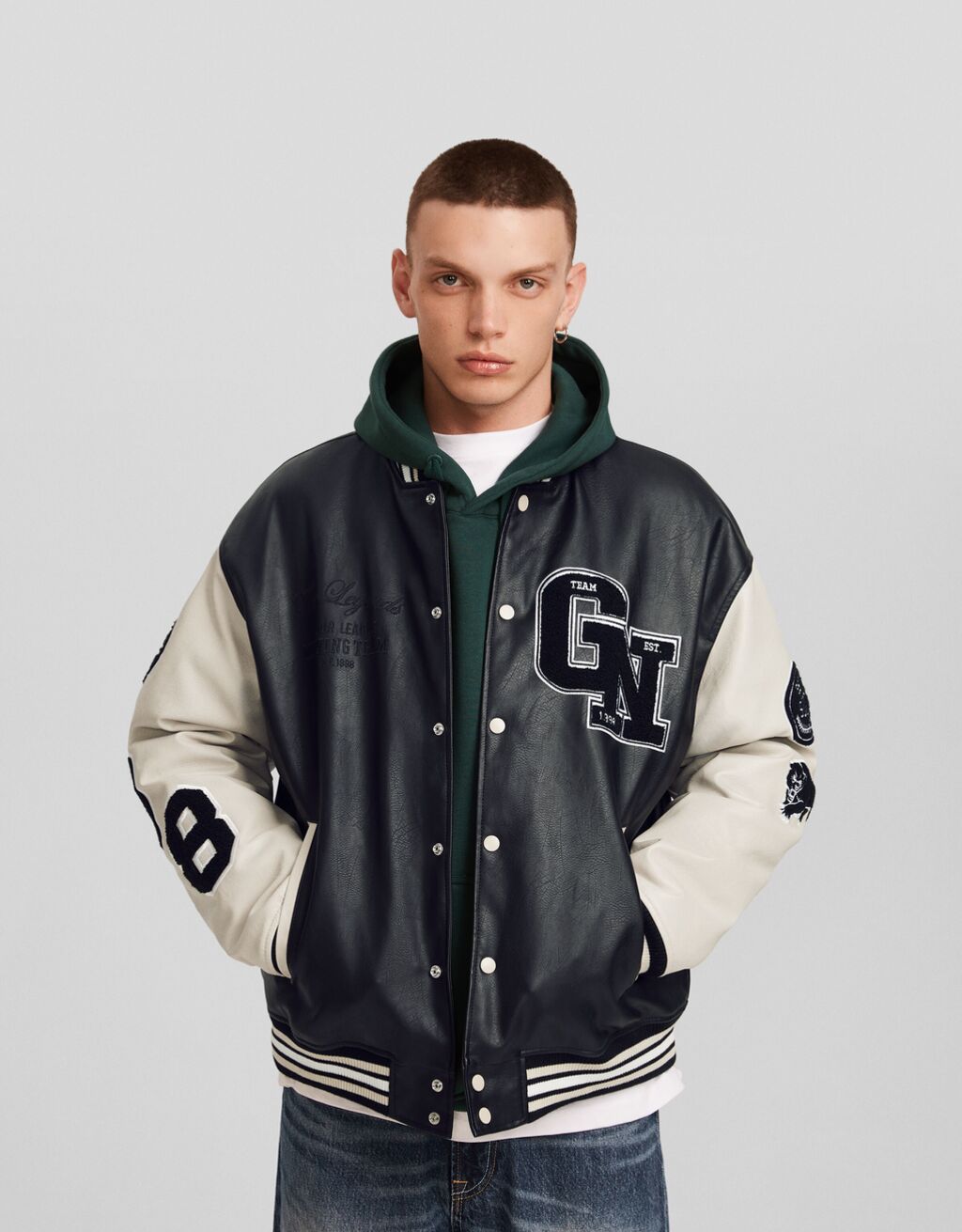Varsity faux leather jacket Men Bershka