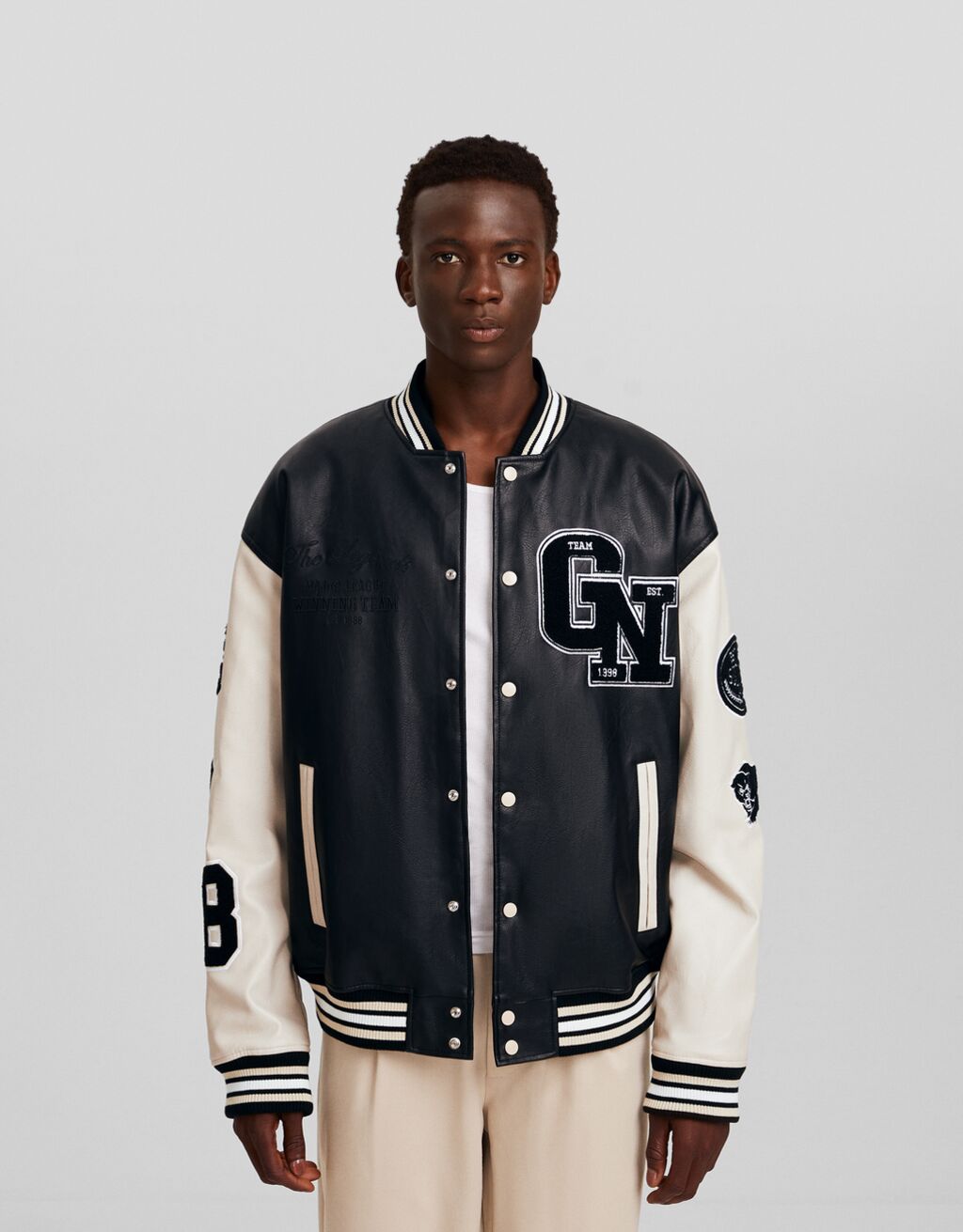 Varsity faux leather jacket Men Bershka