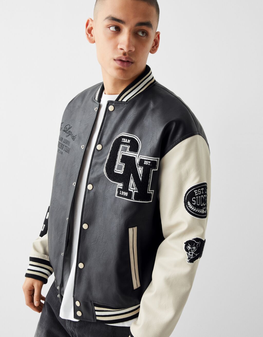 Varsity faux leather jacket Men Bershka