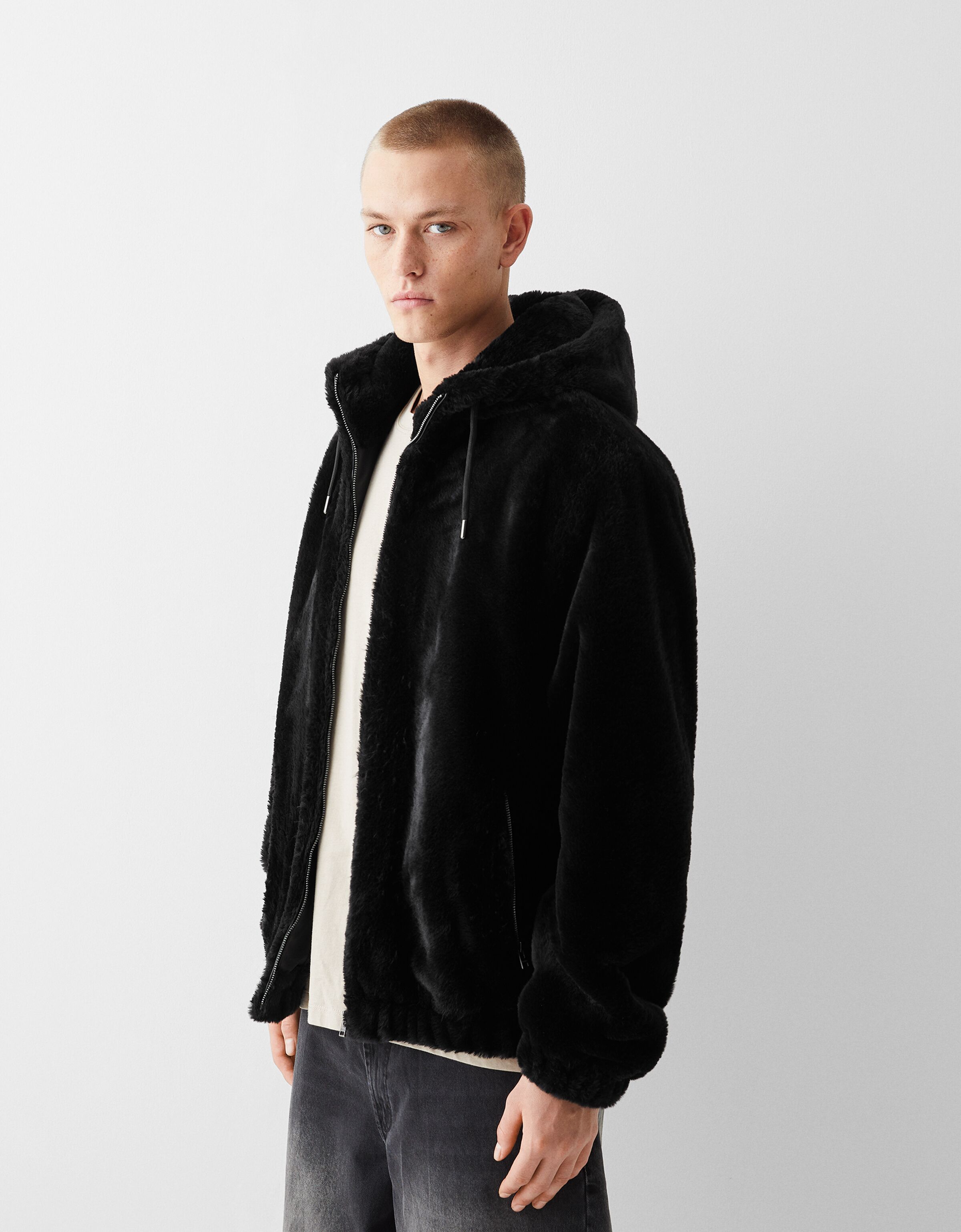 Bershka faux shop fur hooded jacket