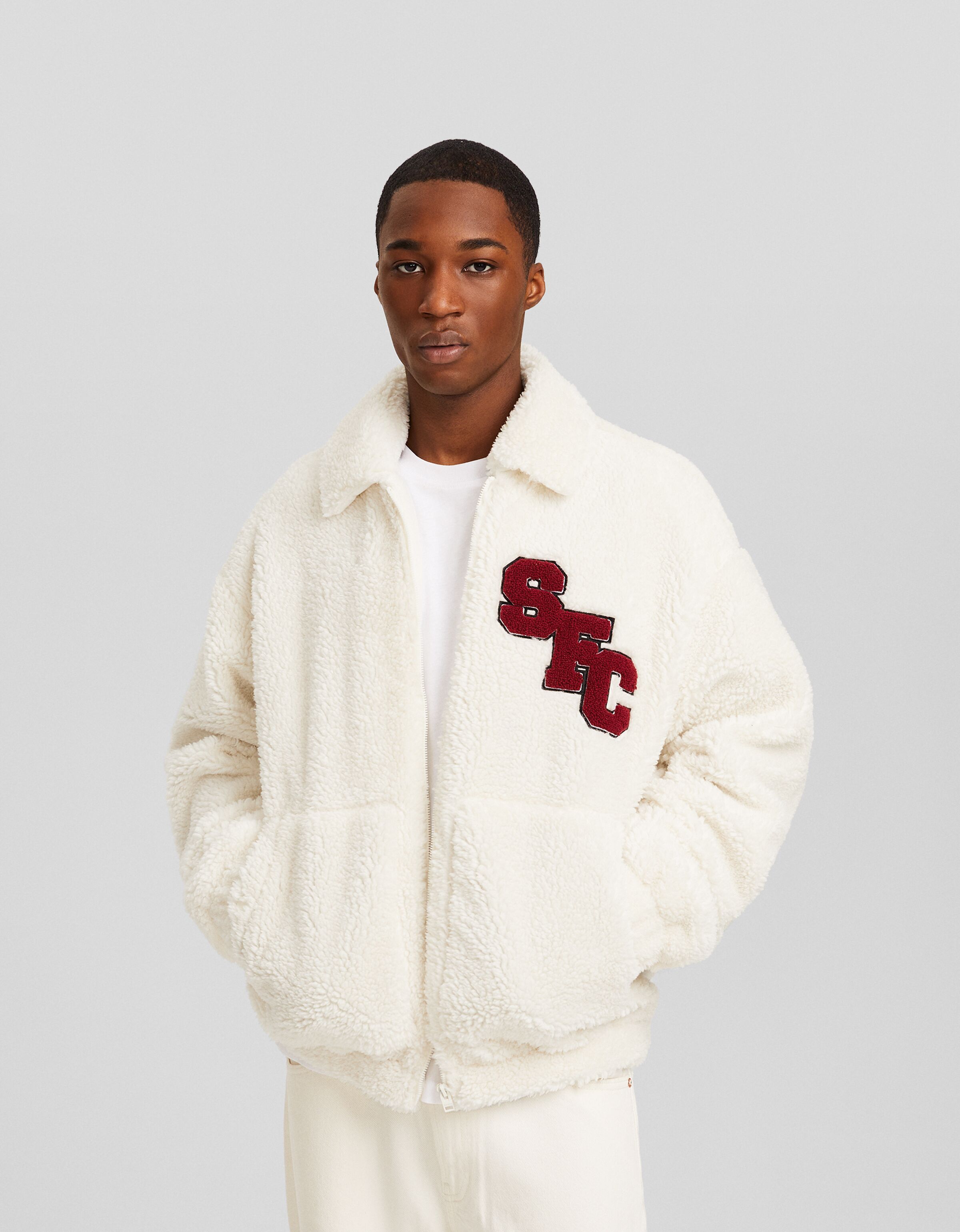 Faux shearling jacket with patches - Jackets and coats - Men | Bershka