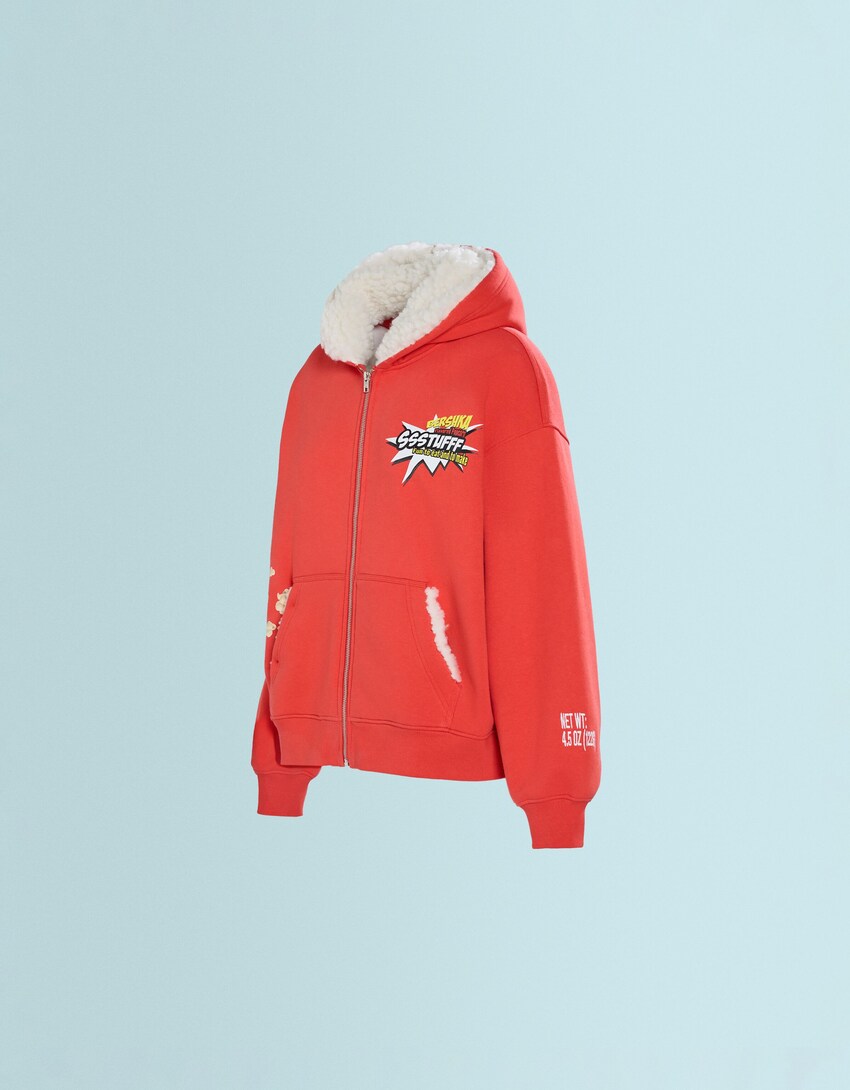 SSSTUFFF X BERSHKA faux shearling print zip-up hoodie-Red-1