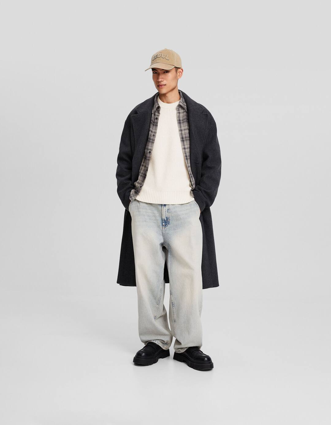 Textured crew neck wool blend sweater