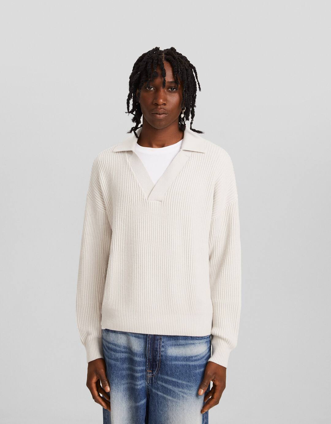 Ribbed polo collar sweater
