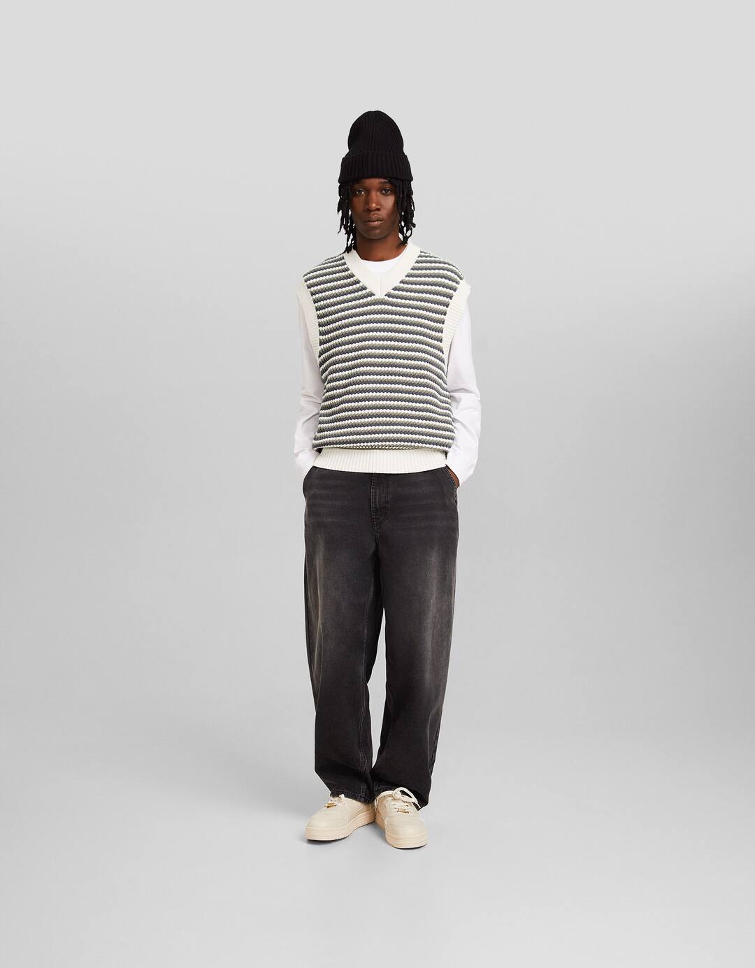 Striped knit V-neck waistcoat