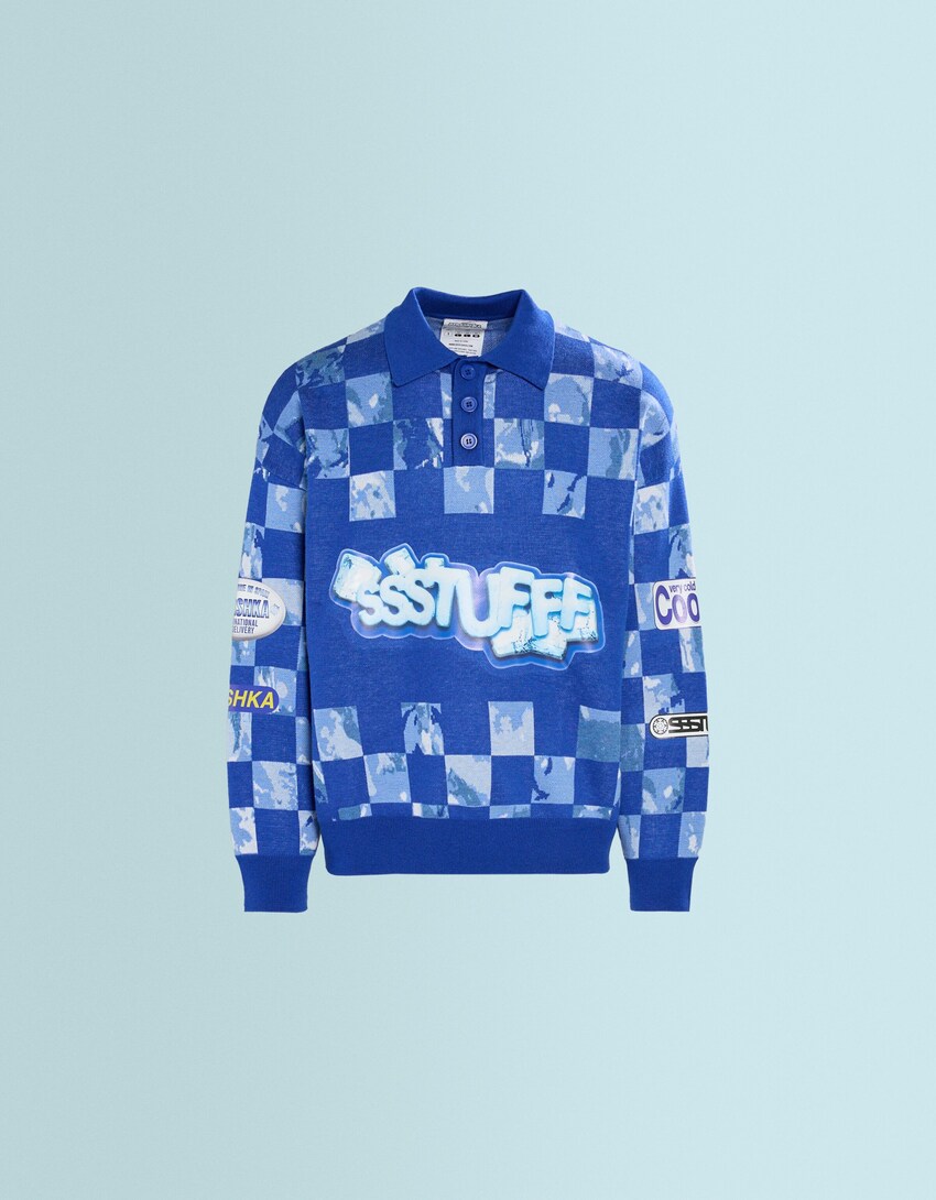 SSSTUFFF X BERSHKA patch print polo collar sweater-Blue-2