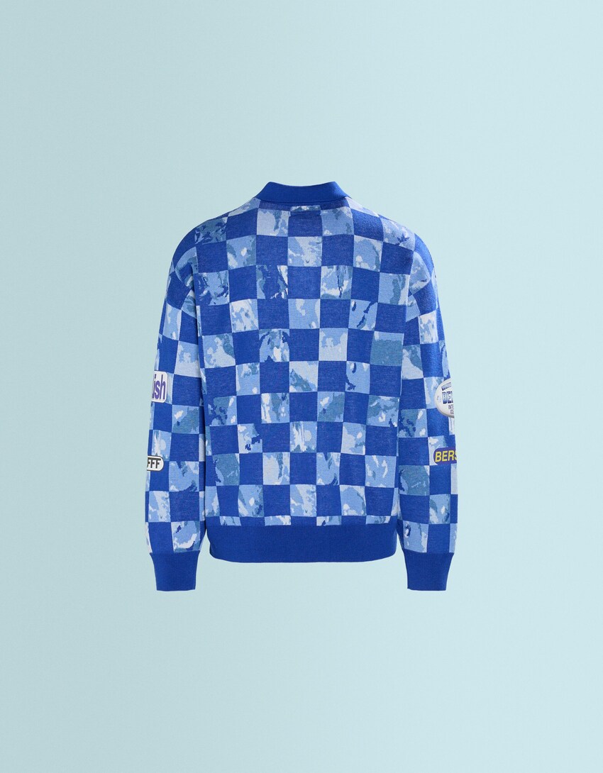 SSSTUFFF X BERSHKA patch print polo collar sweater-Blue-3