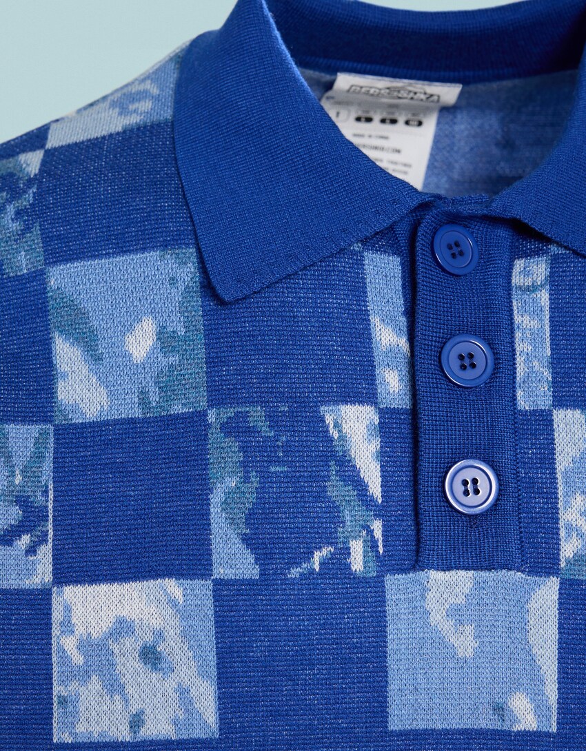 SSSTUFFF X BERSHKA patch print polo collar sweater-Blue-4