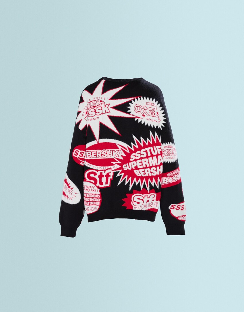 SSSTUFFF X BERSHKA fuzzy print sweater-Black-3