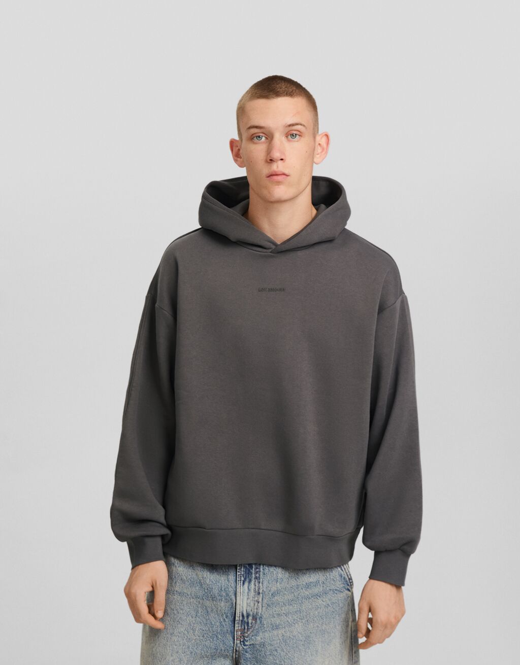 Bershka graphic logo oversized zip up hoodie in gray