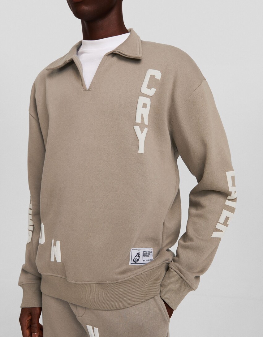Sweatshirt mit Polo-Kragen und Print-Grau-2