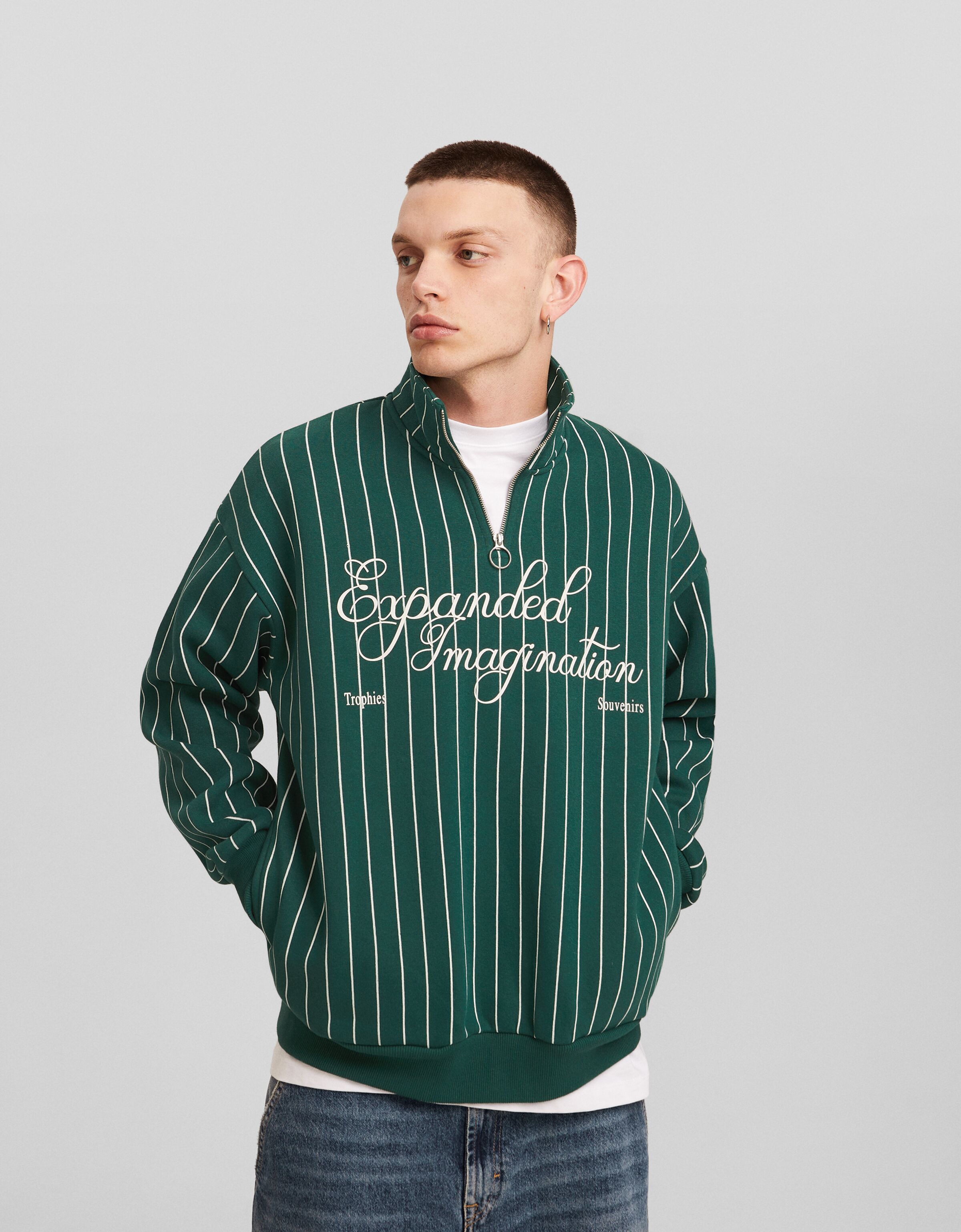 Bershka hoodie with vertical stripes in white deals