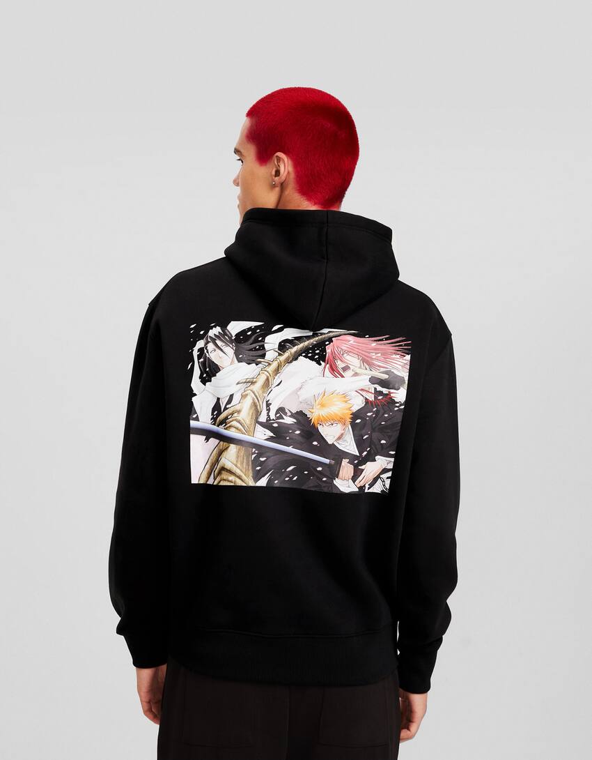 Bleach print oversized hoodie-Black-1