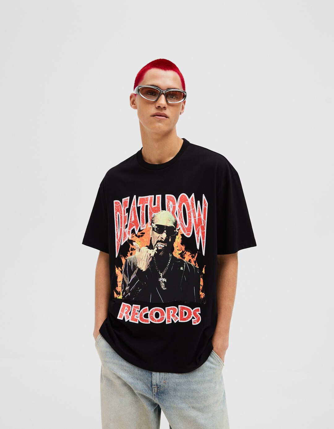 Snoop Dogg print estanpatudun kamiseta mahuka-motza, oversize