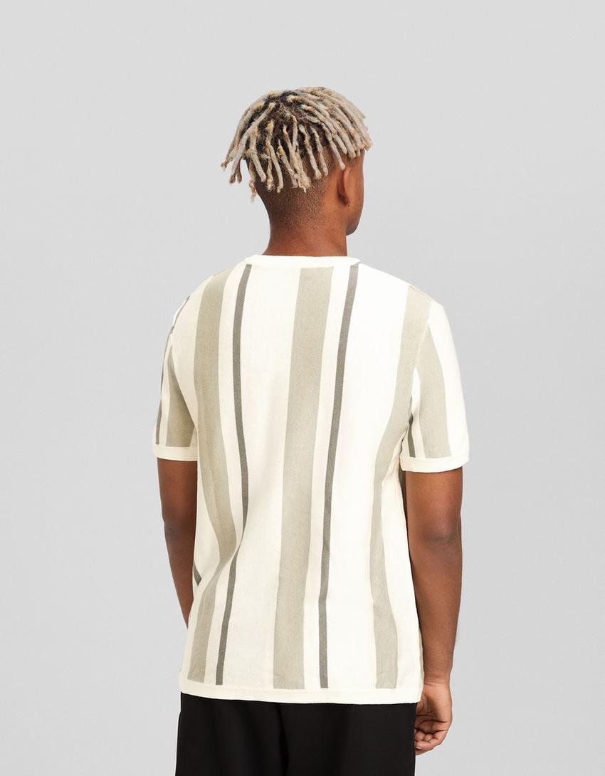 Striped knit short sleeve T-shirt-Cream-1