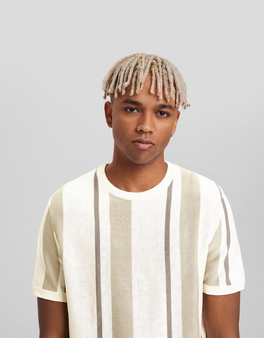 Striped knit short sleeve T-shirt-Cream-2